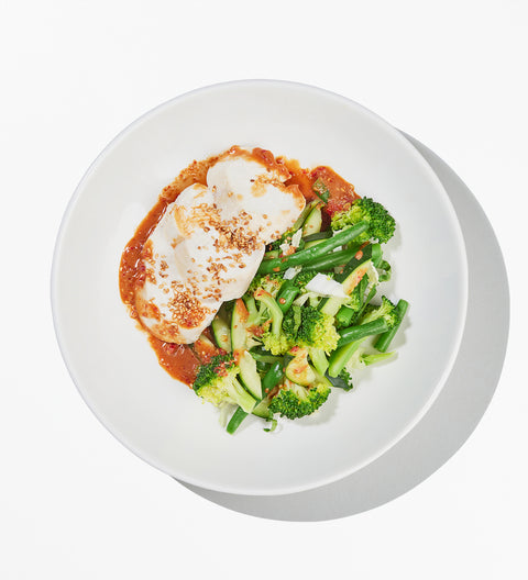 Poached Coconut Chicken with Steamed Greens